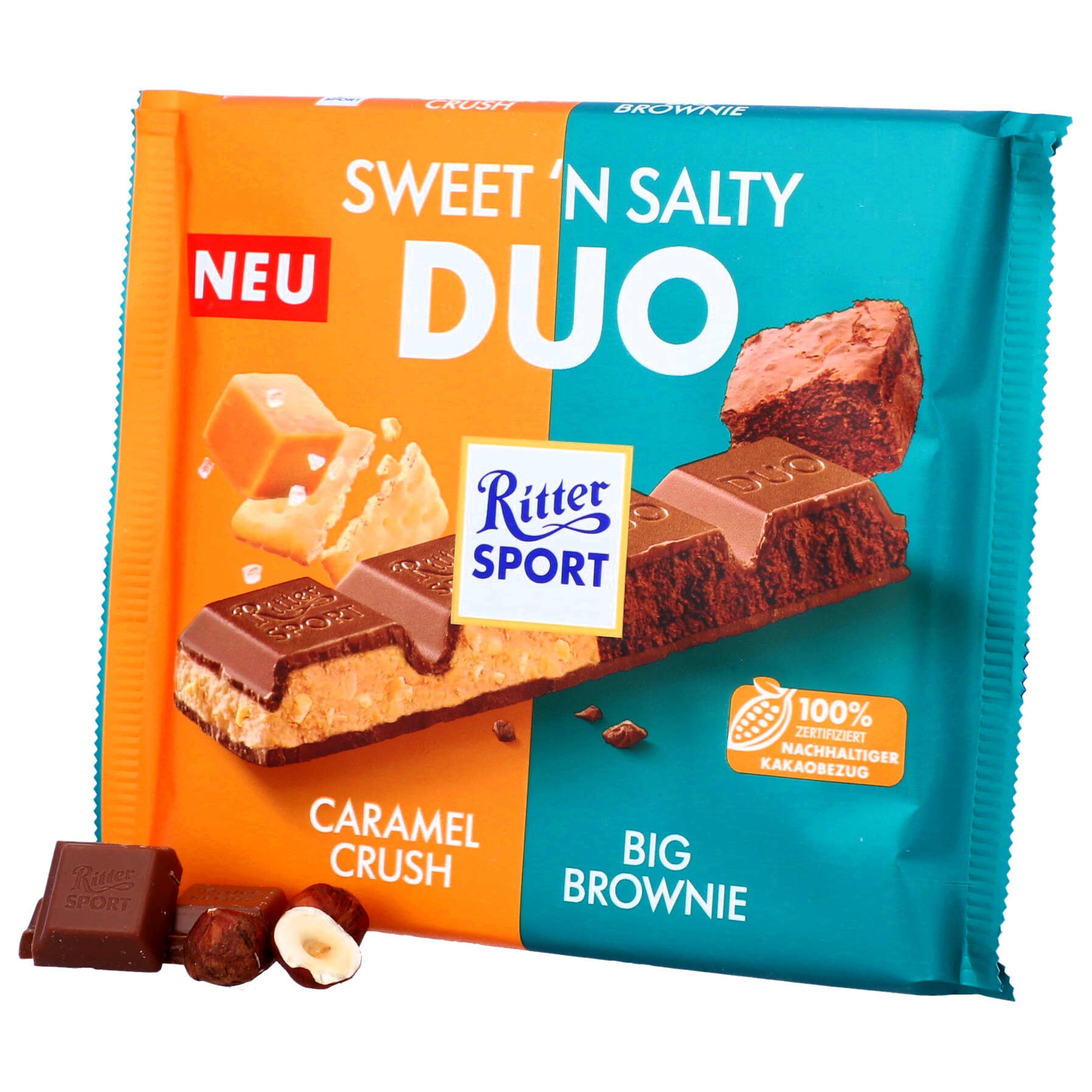 Ciocolata cu lapte Ritter Sport DUO, biscuiti de caramel sarat, browni ...