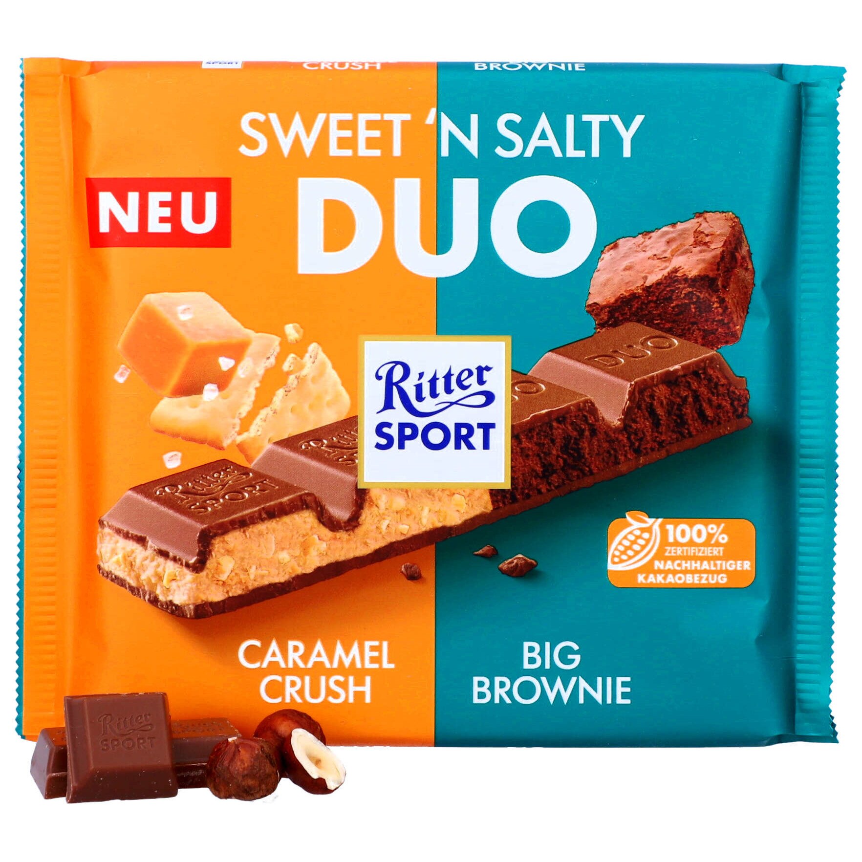 Ciocolata cu lapte Ritter Sport DUO, biscuiti de caramel sarat, browni ...