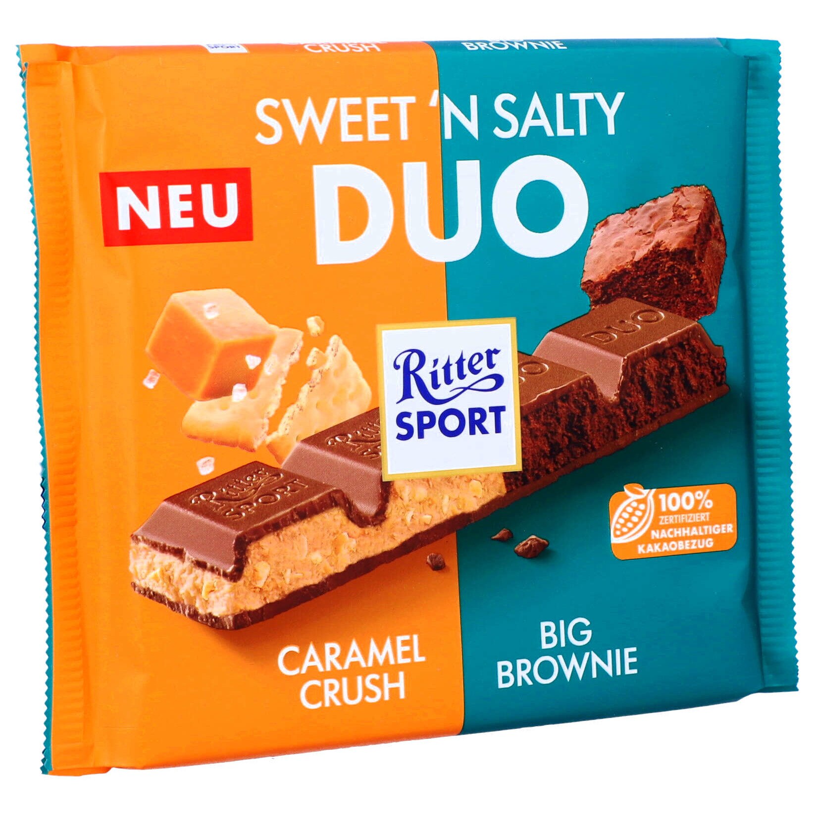 Ciocolata cu lapte Ritter Sport DUO, biscuiti de caramel sarat, browni ...