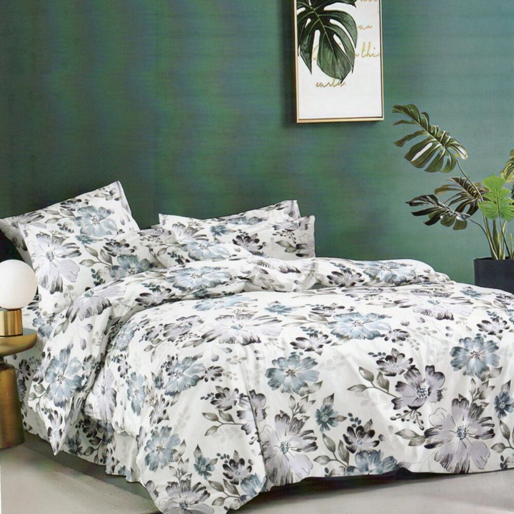 Ágynemű pamutszatén virágos elefántcsont, franciaágyra, 220x240cm, 4 részes, kék-lila