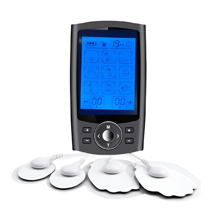 Aparat de Masaj cu Electrostimulare Rahel, 16 programe, 20 de niveluri de intensitate, 4 pad-uri incluse, Stimulare Musculara, Negru