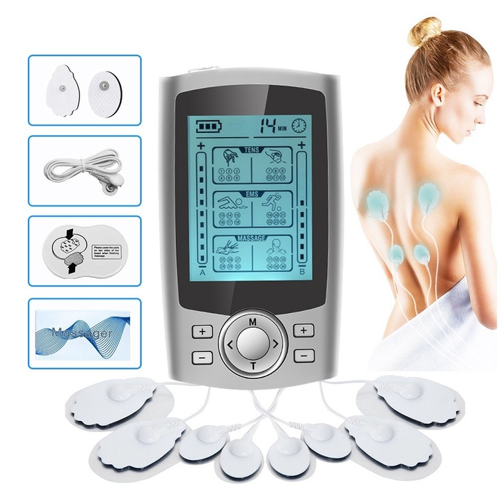 Aparat De Masaj Cu Electrostimulare VIENAPOLI®, Functii TENS Si EMS, 36 De Moduri, 8 Electrozi Inclusi, Baterie Reincarcabila Incorporata, Culoare Gri-Argintiu, Design Modern Si Atractiv, Calitate Premium