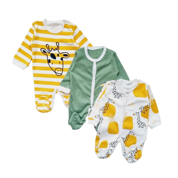 Set 3 salopete bebelusi baieti cu botosei, bumbac, Girafa