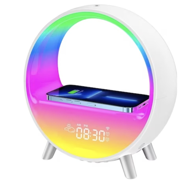 Vezeték nélküli töltő hangszóróval és éjszakai fénnyel, alkalmazásvezérlés, 15 W, fehér