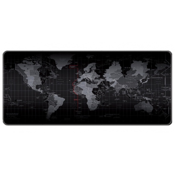 Protectie de birou tip mousepad, model harta lumii, 80x30 cm, baza cauciucata, negru/gri