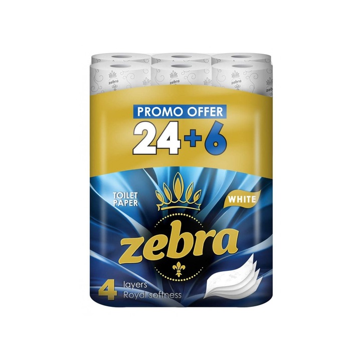 Hartie igienica ZEBRA White, 4 straturi, 24+6 buc