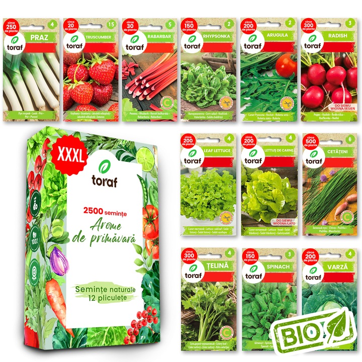 Set seminte TORAF 12 soiuri premium de legume, plante de gradina si balcon, include salata, capsuni, ridichi, arpagic, spanac, rucola, rubarba, ideal pentru gatit acasa si gradinarit