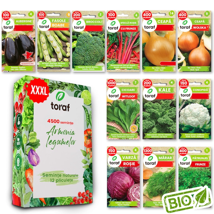 Set de seminte fructe legume, vinete, fasole lata, brocoli, sfecla, ceapa, cicoare, varza verde, conopida, varza rosie, marar, patrunjel mix 12 pliculete 4500 seminte XXXL