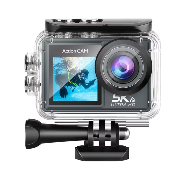 Camera de Actiune-Cam 5K Ultra HD, Foto 24 MP, 256 GB, Stabilizare imagine EIS, Microfon, Functie WiFi, Unghi Larg 170°, USB-C, Fotografiere Multi Mod, Filmare Subacvatica 30 m adancime