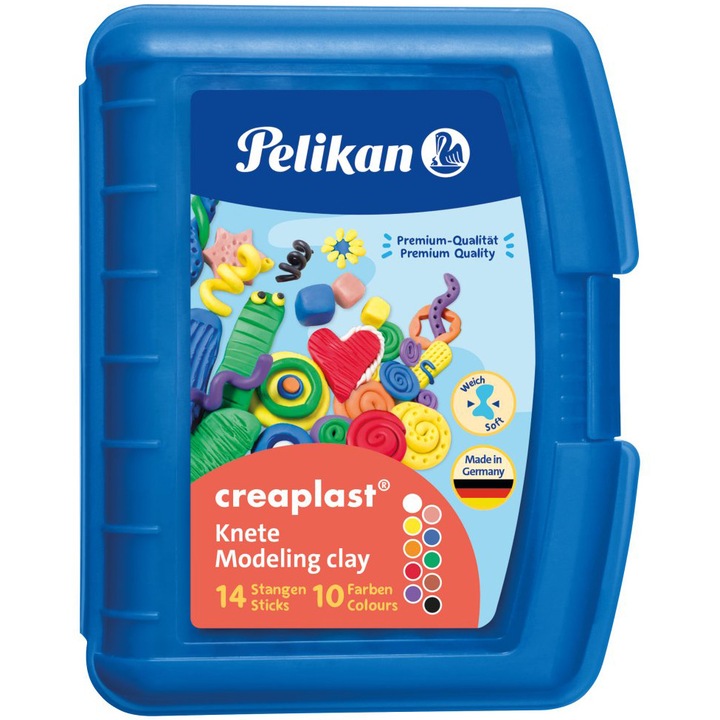 Пластилин Pelikan Creaplast 240G, Комплект от 10 броя, Различни цветове, Синя кутия