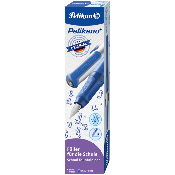 Stilou Pelikan, Pelikano, Penita F, Grip Ergonomic, Pentru Dreptaci, 1 Patron Mare Albastru Inclus, Culoare Albastru, In Cutie De Carton