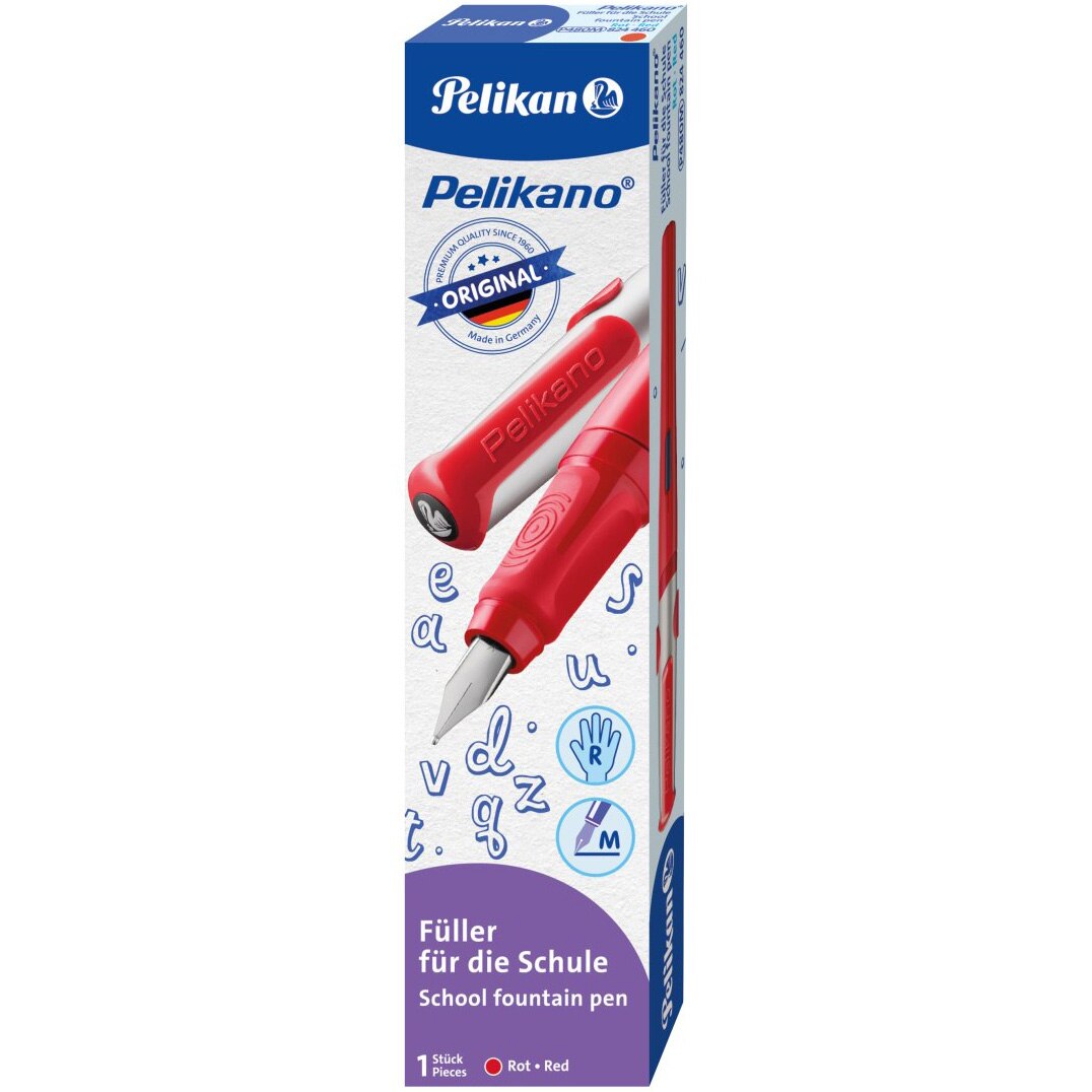 Stilou Pelikan, Pelikano, Penita M, Grip Ergonomic, Pentru Dreptaci, 1 Patron Mare Albastru Inclus, Culoare Rosu, In Cutie De Carton