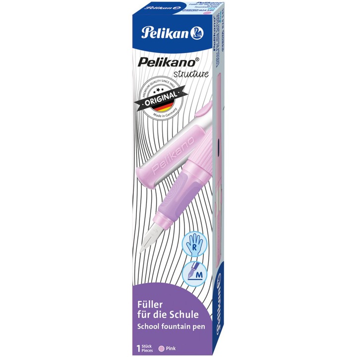 Stilou Pelikan, Pelikano Structure, Penita M, Grip Ergonomic, Pentru Dreptaci, 1 Patron Mare Albastru Inclus, Culoare Roz Deschis, In Cutie De Carton