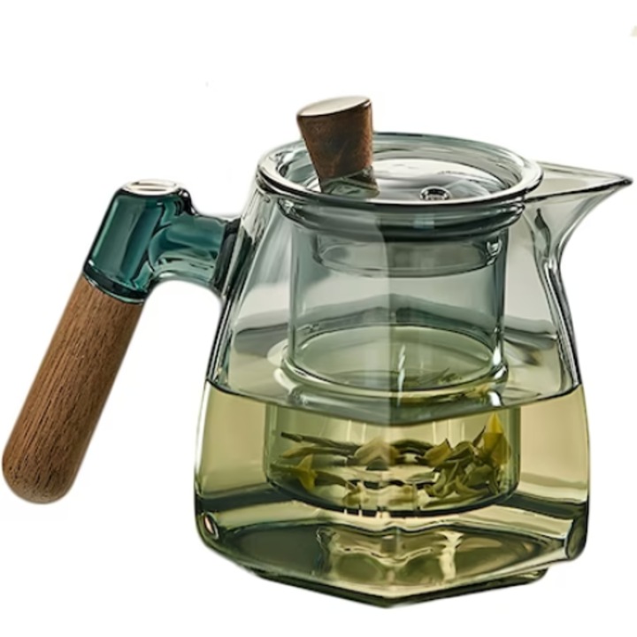 Ceainic, recipient pentru ceai/cafea cu infuzor, capac si maner, 600 ml, sticla borosilicata/lemn nuc, gri