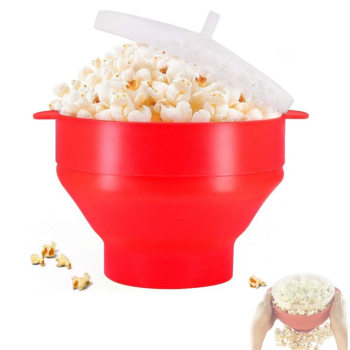 Recipient din Silicon pentru Popcorn la Microunde cu Capac Pliabil, Rosu