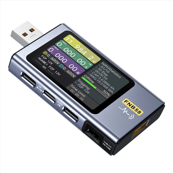 Multifunkcionális USB teszter, TAITAVA FNB58, LCD kijelző, Type-C, Kábel belső ellenállásának mérése, Áram-, feszültség-, teljesítmény-, hőmérséklet-monitorozás, Gyors töltési technológia PD PPS QC VOOC, Bluetooth, Kék fém