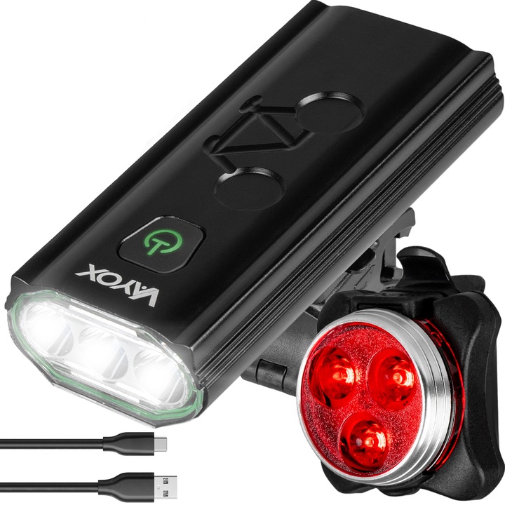 Első és hátsó kerékpárlámpa készlet Vayox VA0112, VA0117 alumíniumból, 3x XLM1 6500K és 3x LED forrás, újratölthető akkumulátor 4000 mAh, Powerbank funkció, 6 világítási mód, USB-C töltés, vízállóság, 980 lumen, fekete, piros
