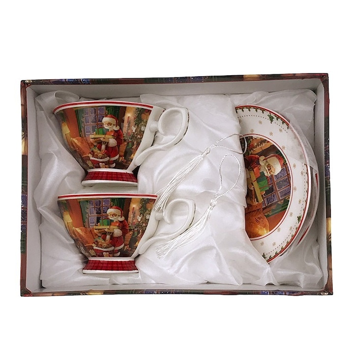 Pohár és csészealj tálalókészlet karácsonyi dobozban, 26x18 cm, Multicolor
