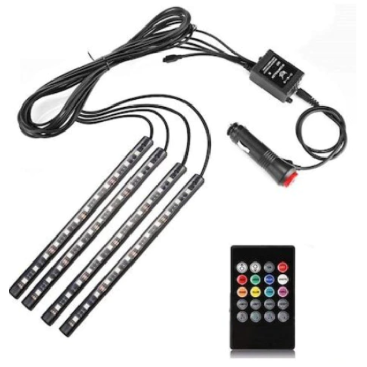 Kit iluminare ambientala auto banda LED RGB, interior masina, 4 benzi, 48 leduri, senzor muzica, multicolor, 12V, cu telecomanda