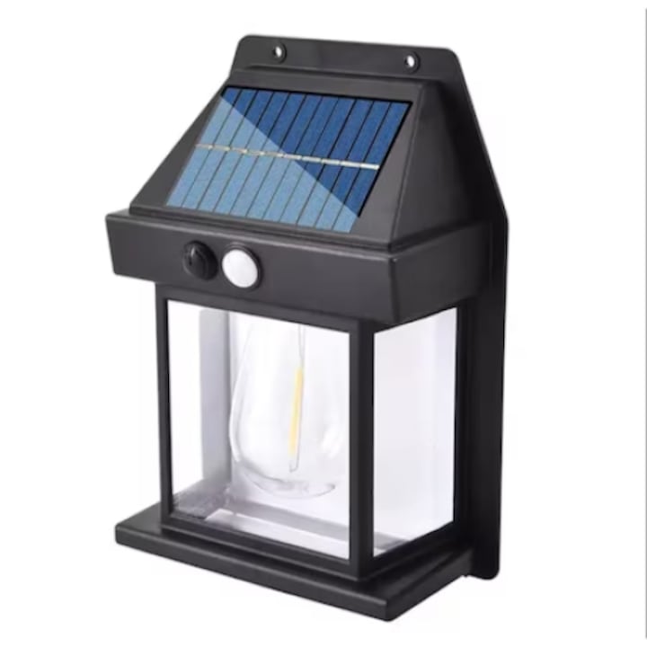 Lampa solara de perete LED, tip Felinar, Pentru Exterior, senzor de miscare 5-8 metri, Fara Fir, 2 moduri de functionare, Panou solar incorporat, rezistenta la apa