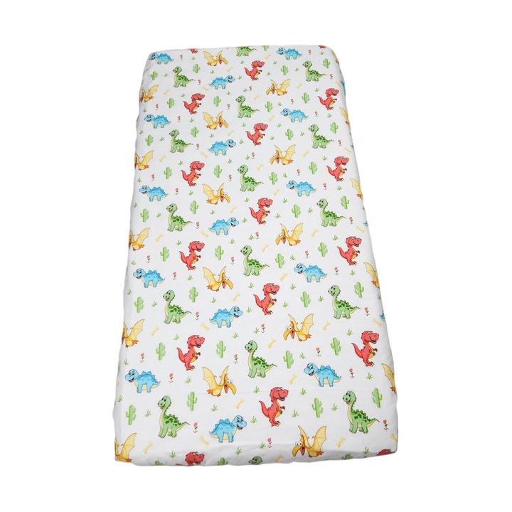 Cearsaf tip husa cu elastic pentru saltea din bumbac, cu dinozauri
