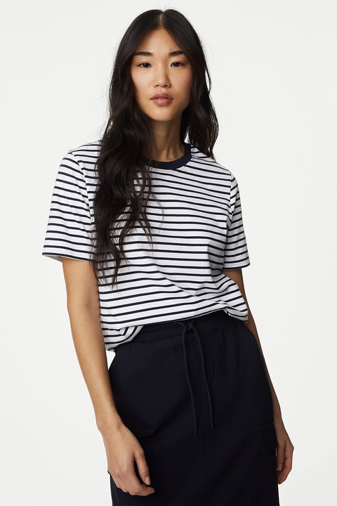 Marks & Spencer, Tricou regular fit din bumbac, Alb/Bleumarin