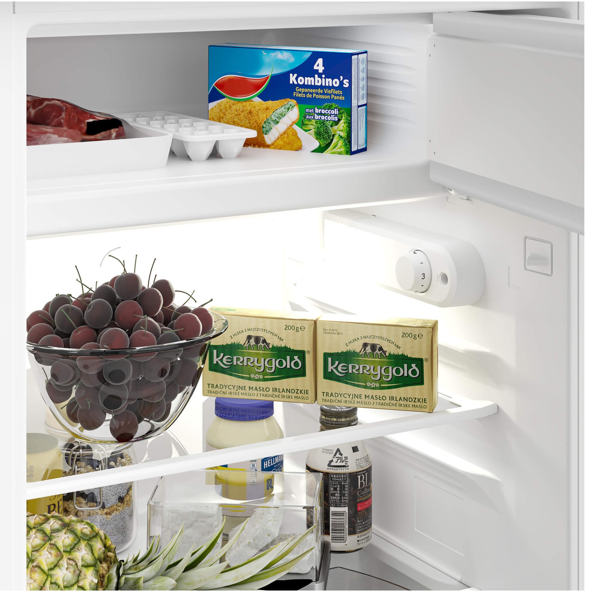 Frigider incorporabil Beko B1754N, 110 l, Clasa E, Rafturi ajustabile, Termostat reglabil, XXL Bottle holder, Cutie legume si fructe, Congelator, H 86,6 cm