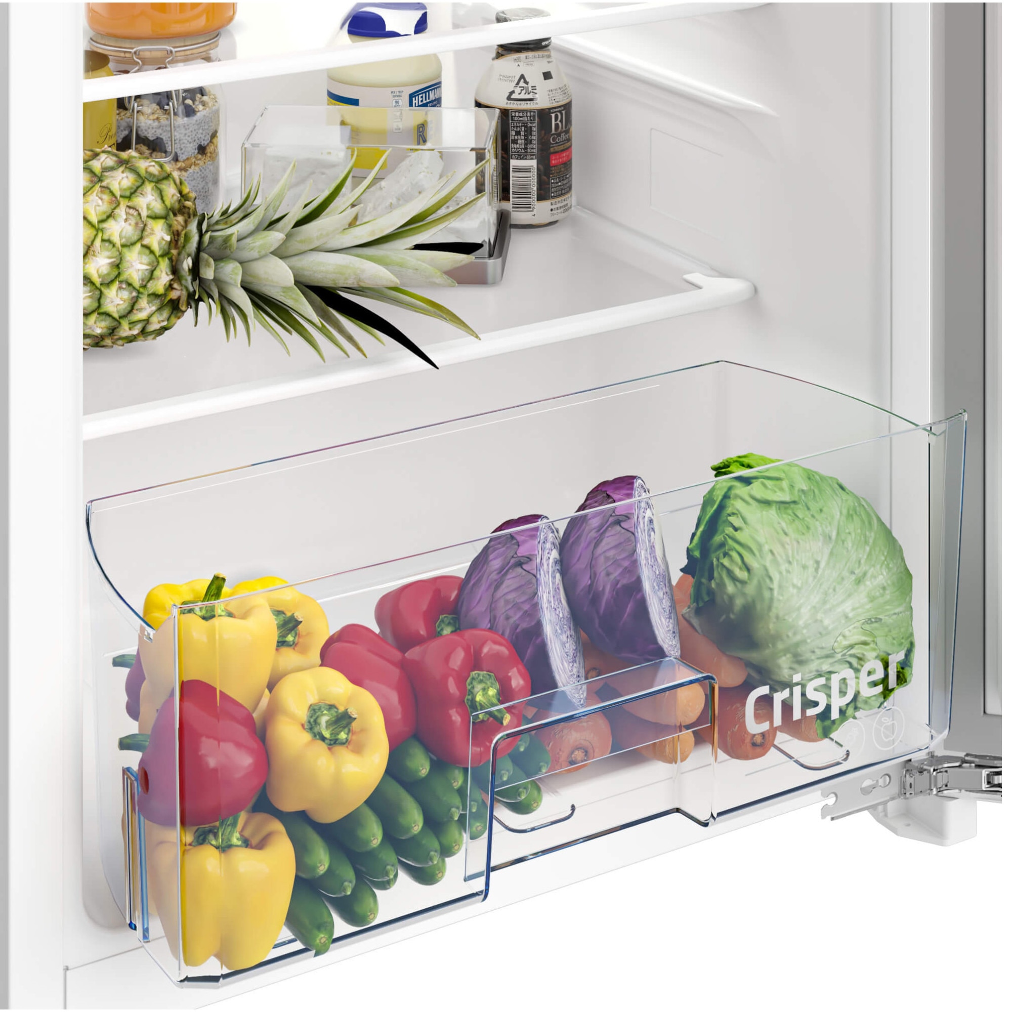 Frigider incorporabil Beko B1754N, 110 l, Clasa E, Rafturi ajustabile, Termostat reglabil, XXL Bottle holder, Cutie legume si fructe, Congelator, H 86,6 cm
