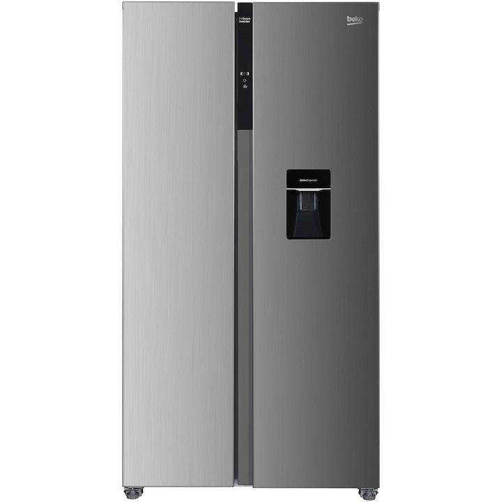 Side by side Beko GNO5322WDXPN, 532 l, Clasa E, NeoFrost Dual Cooling,Compresor ProSmart Inverter, Slim tank water dispenser, Display with touch control, Door open buzzer, H 177 cm, Inox Look