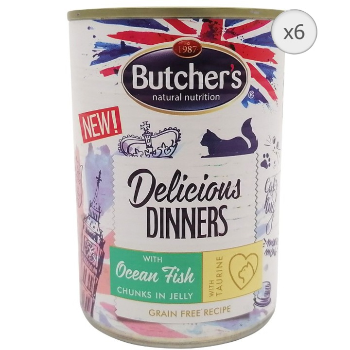 Hrana umeda pentru pisici BUTCHER'S, cu peste oceanic, in aspic, 6 x 400g