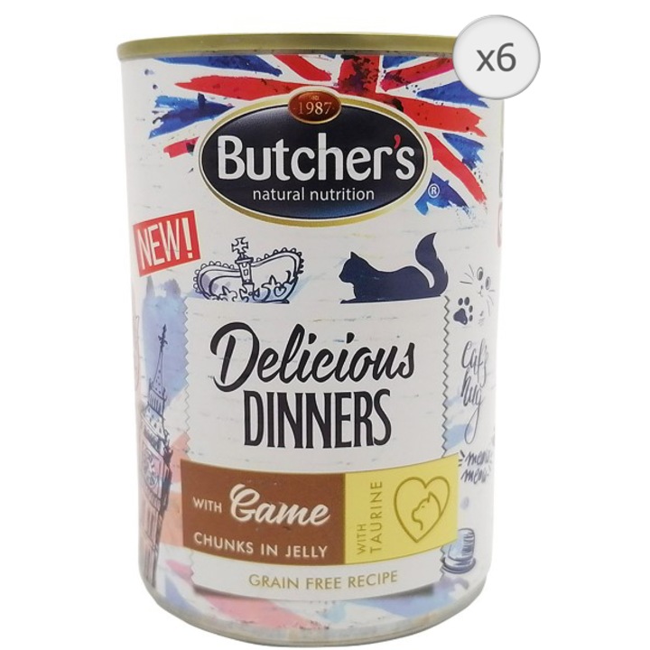 Мокра храна за котки BUTCHER'S, Дивечово месо, В заливка, 6 х 400 гр