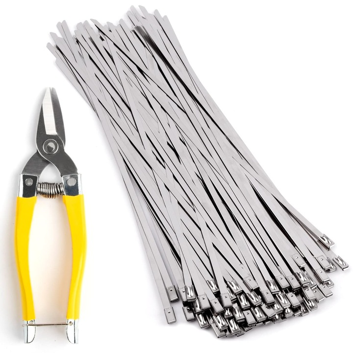 100 db rozsdamentes kábelkötegelő készlet, 300x4,6 mm, fémvágó ollóval, Ezüst/Sárga