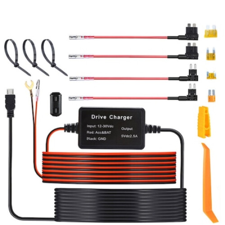 Kit pentru camera de bord cu transformator 12-24V la 5V, cu adaptor circuit suplimentar ACN/ACS/ACU/ACZ si adaptor micro USB, pentru masina, SUV, camion, cablu 3.5m, Negru