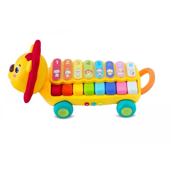 Jucarie muzicala Ricokids Rolling Lion cu Xilofon, Pian cu 3 functii, 8 note muzicale, 8 melodii, sfoara de tras si betisoare incluse
