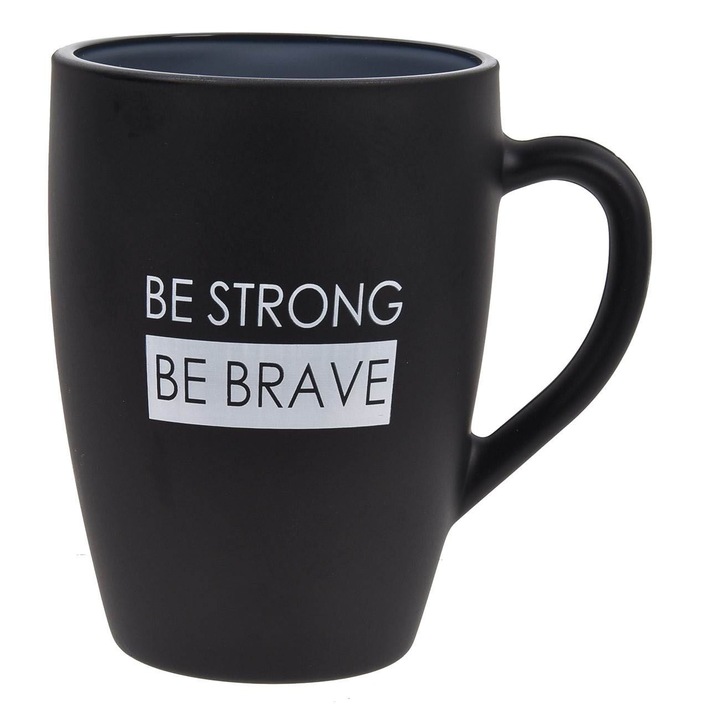Cana ovala din sticla negra mat cu mesaj alb Be Strong Be Brave Shopiens®, 365 ml
