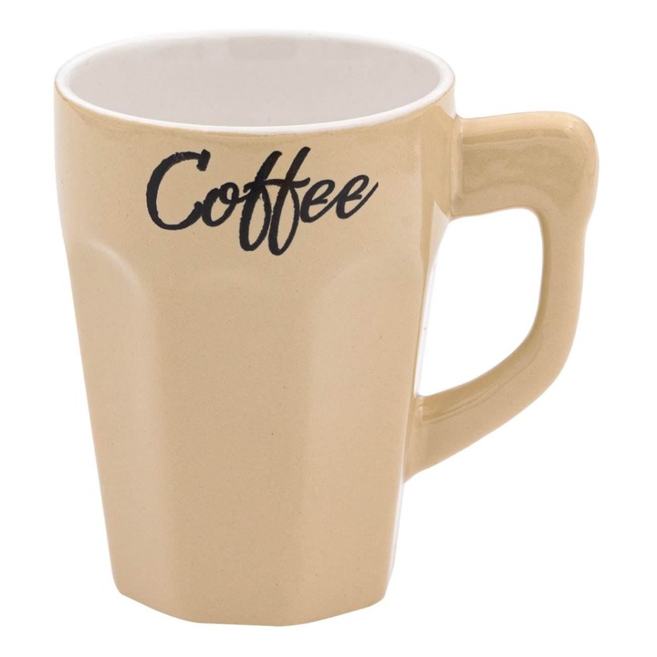 Cana ceramica bej Shopiens® cu mesaj "Coffee" si maner triunghiular, 330 ml