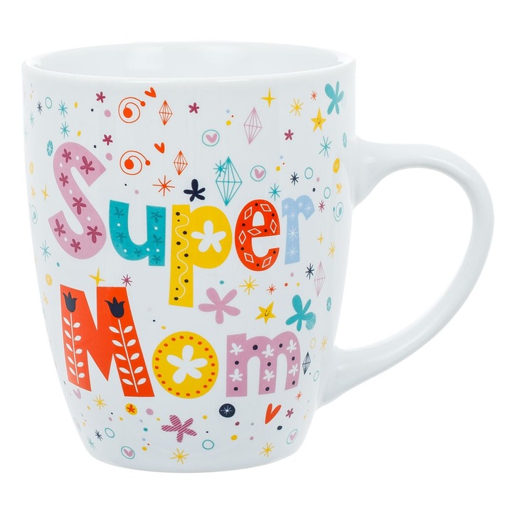 Cana din portelan alba Shopiens®, cu model colorat "Super Mom", 340 ml