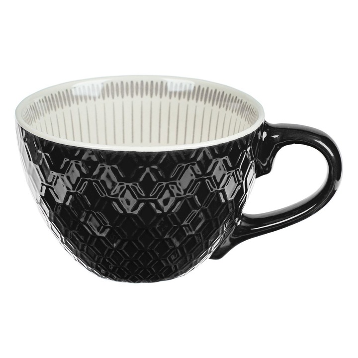 Ceasca ovala ceramica de culoare neagra Shopiens®, cu model reliefat romburi si linii gri in interior, 450 ml