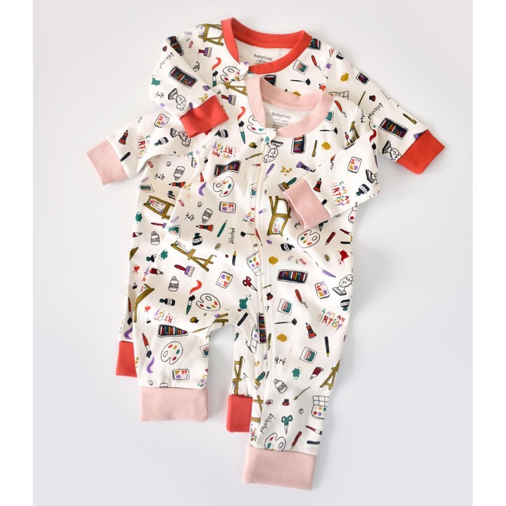 Set 2 salopetele cu maneca lunga si pantaloni lungi cu fermoar - 100%bumbac organic - Portocaliu si Pudra, BabyCosy