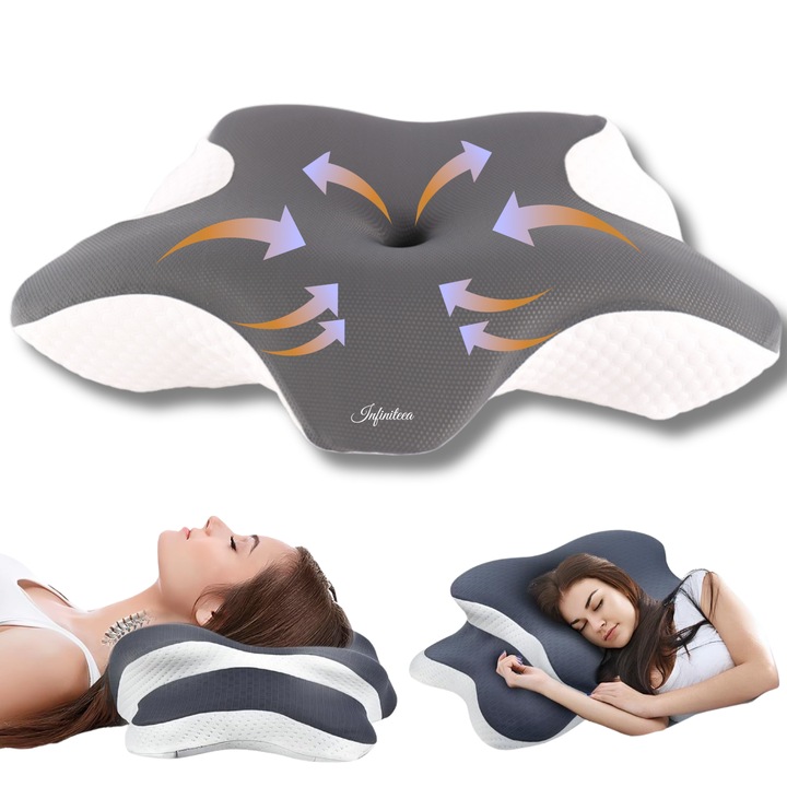 Perna Ortopedica pentru Dormit Infiniteea™, Spuma cu Memorie, Suport Cervical si Gat, Ergonomica, Mentine Coloana Dreapta, Elimina Durerile, Fata de Perna Inclusa, Gri cu Alb