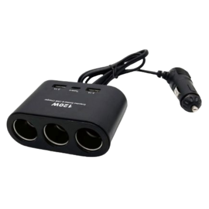 Elektronikus autós szivargyújtó adapter, 3 utas, usb, 120W, 70 cm, fekete
