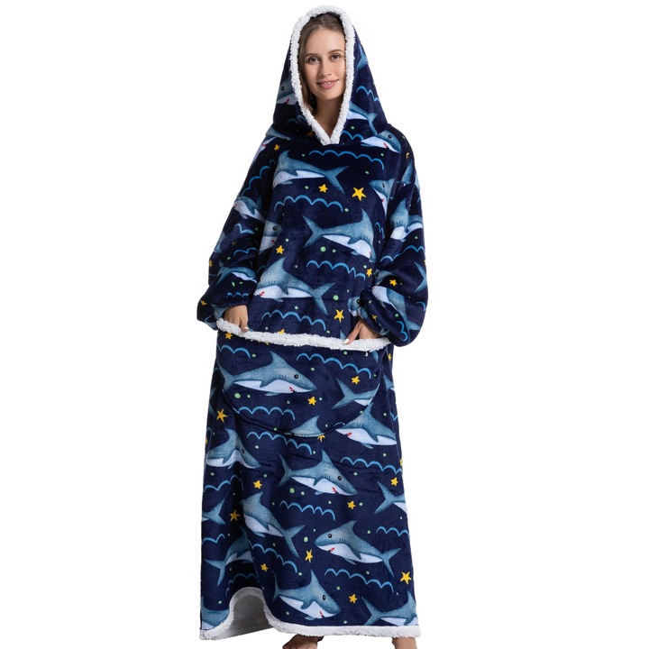 Суитчър, Тип одеяло с качулка, ръкави и джобове, голям суичър, ултра мек лек и топъл полар за жени и мъже, тъмно синя акула, Изключително дълъг