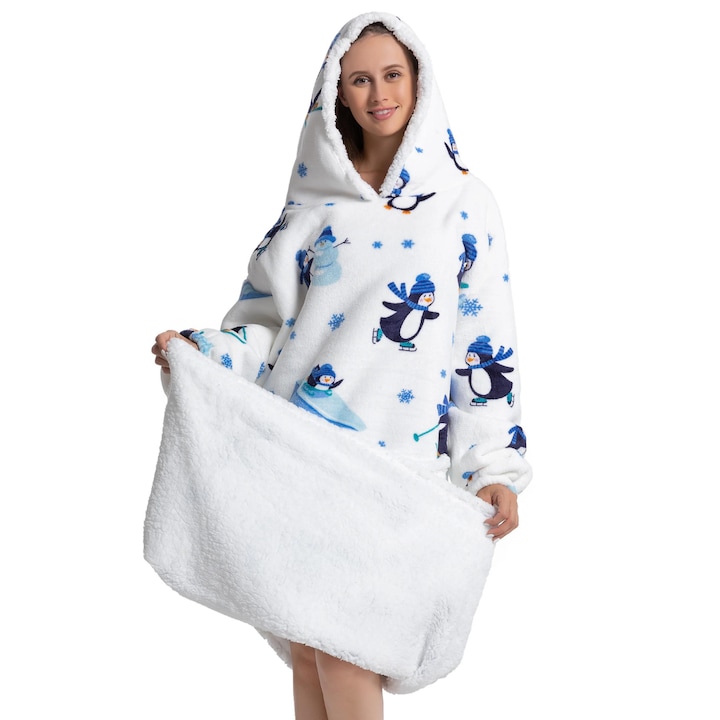 TillyBilly extra hosszú pulóver kapucnival, ujjakkal és zsebekkel, túlméretezett kapucnis pulcsi, ultra puha, könnyű és meleg polár női és férfi számára, PENGUIN