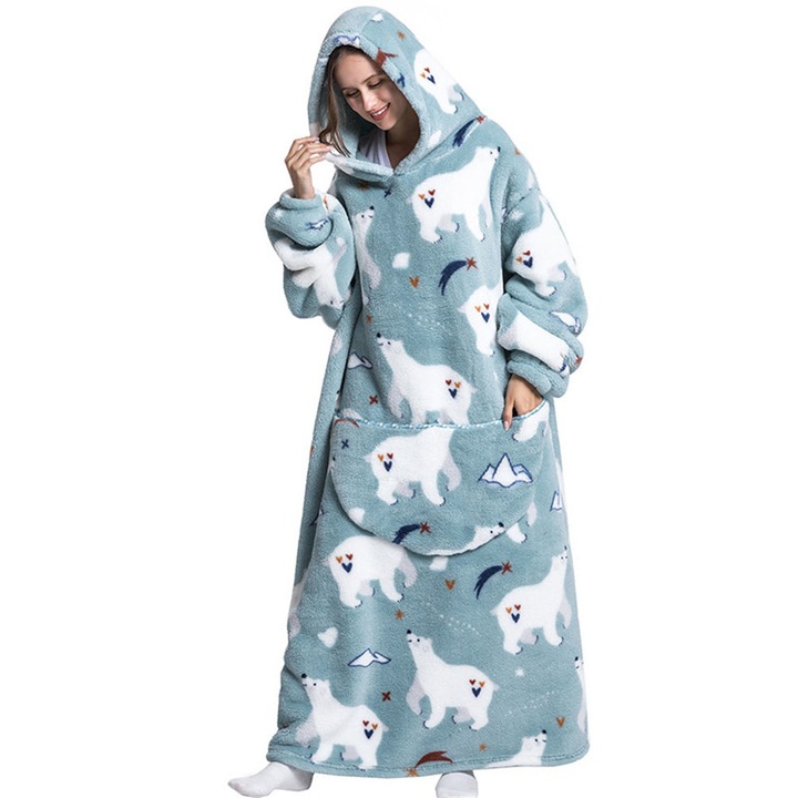 Дълъг суитчър одеяло с качулка, ръкави и джобове, голям суичър, полярна кожа за жени и мъже, полярна мечка