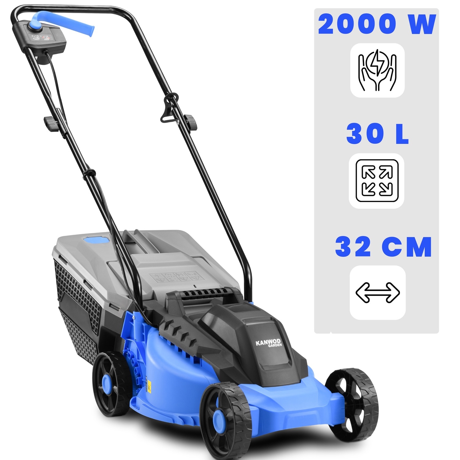 Masina de tuns iarba electrica Kanwod KGALM-1232, 1200W, 3400RPM, 32cm, cos 30l 1090x385x980mm, 6kg, albastru/negru