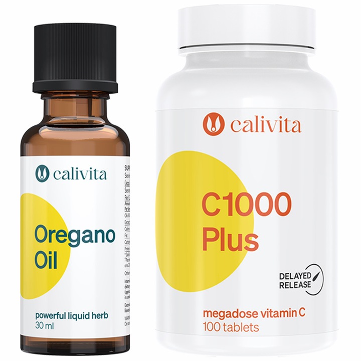 Set Suplimente Alimentare recomandat in Raceala si Gripa, Oregano Oil (30 ml) + Vitamina C 1000 Plus (100 tablete) - Calivita