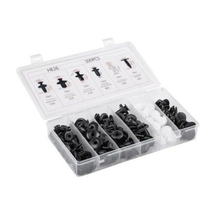 Set cleme - clipsuri reconditionare auto, 100 piese, diferite modele, cutie de depozitare transparenta, negru, plastic, Dactylion®