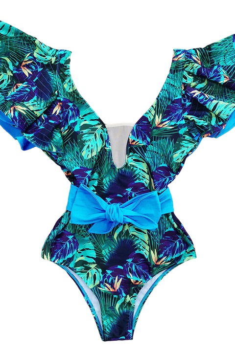 Costum de Baie, Intreg, cu Volane, Imprimeu Hawaii Blue, Mixbo, marime S