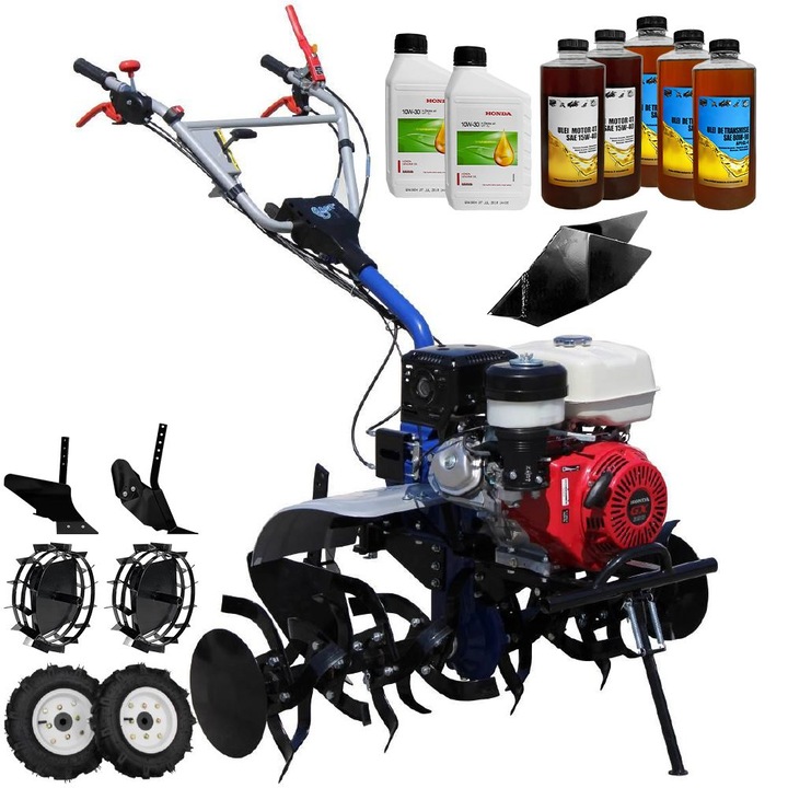 Motocultor AGT 13000 PREMIUM, motor Honda GX390, 13 CP, latime lucru 120 cm, 2+1 viteze, freze, rarita fixa, roti cauciuc 5.00-12, roti metal, plug arat, rarita relabila, 6.2l ulei