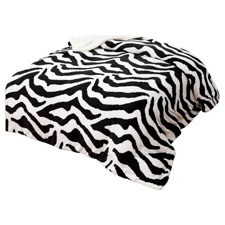 Patura pufoasa cu blanita, 2 persoane, JOJO HOME, 200x230 cm, 2 fete, zebra
